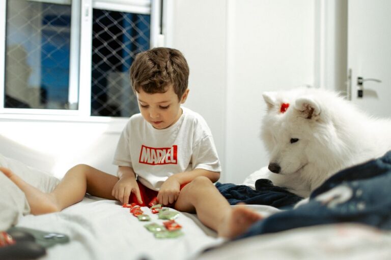 A young boy plays with puzzles on a bed while a Samoyed dog watches, inside a cozy room.