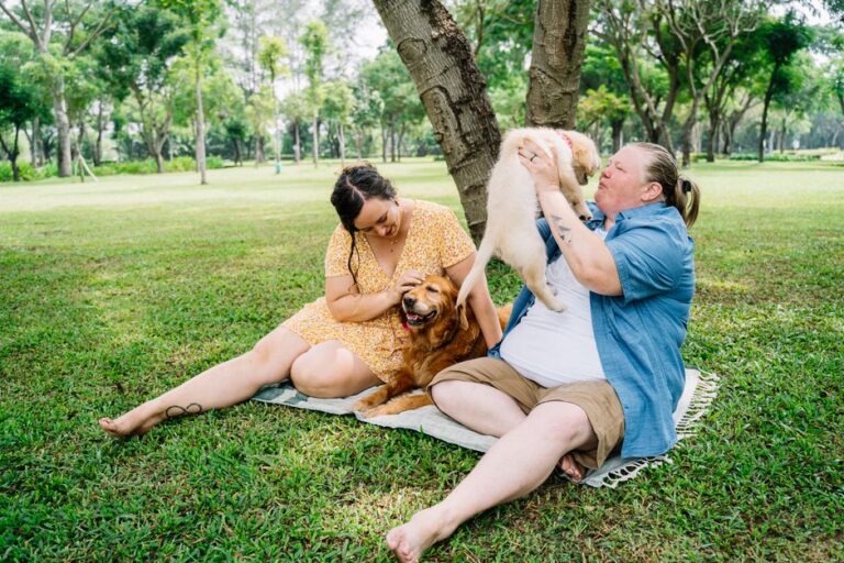 Happy couple enjoying a sunny day in the park with their two dogs, showcasing love and leisure.